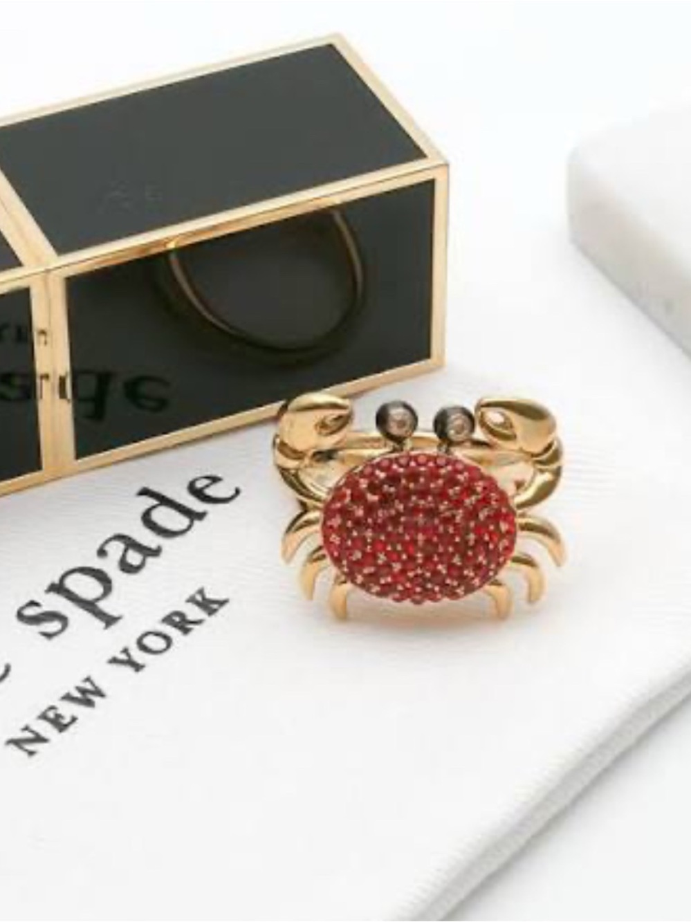 kate spade gold-tone crab ring with red crystals